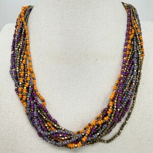 ZAD Multi Strand Beaded Necklace Purple Orange Gold Tone Pendant Accent